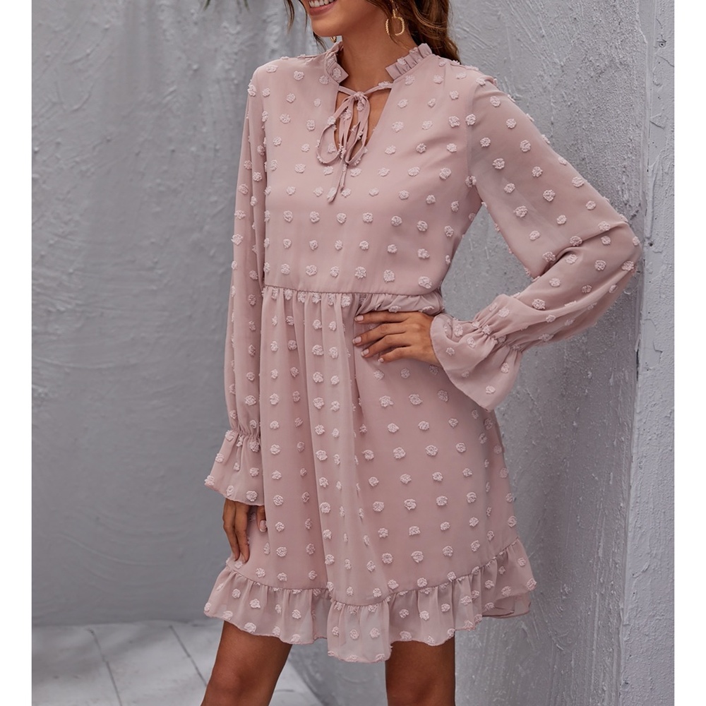 Pink Long Sleeve Swiss Dot Ruffle Loose Dress - Picture 4 of 12